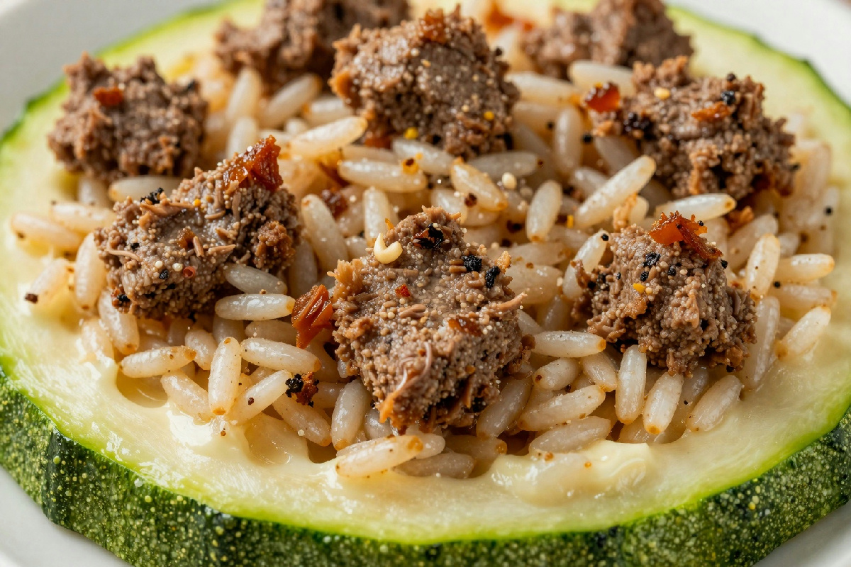 Bombette di carne salada farcite con riso su crema di zucchine fresche e profumate