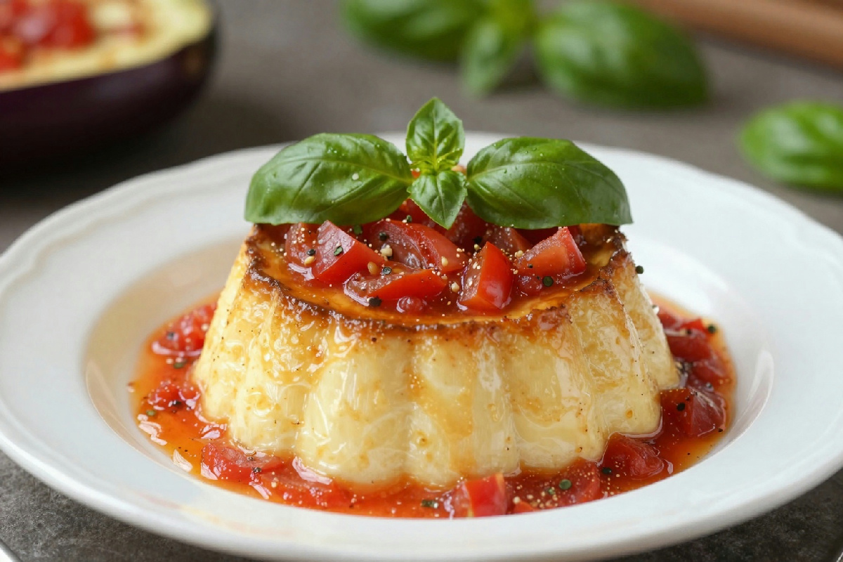 Flan di melanzane con salsa di pomodoro e basilico fresco, un piatto semplice e gustoso da provare