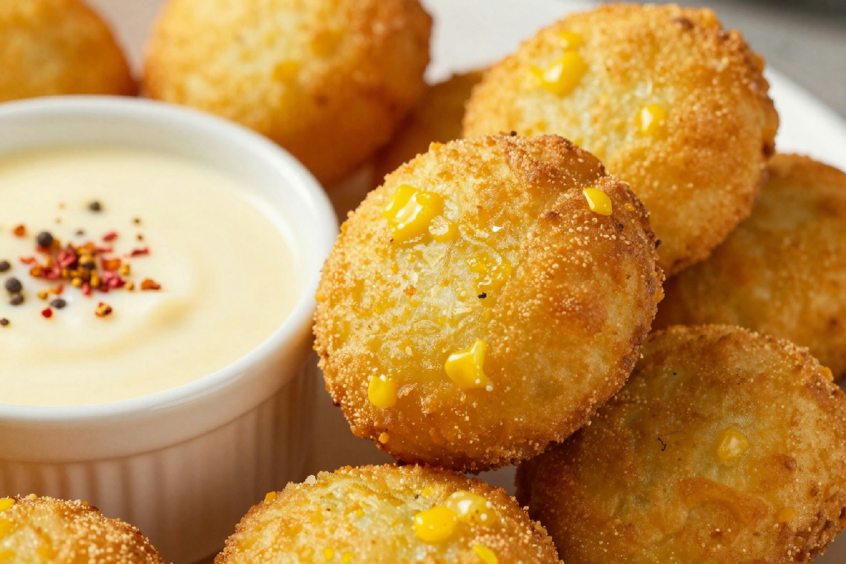 Frittelle di mais alla birra servite con una fonduta cremosa di formaggio e spezie