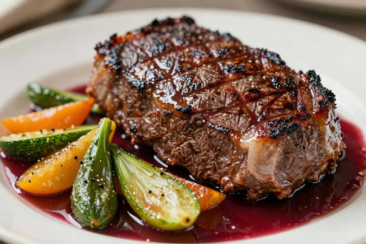 Garofalato di manzo arrosto con contorno di verdure di stagione e salsa al vino rosso