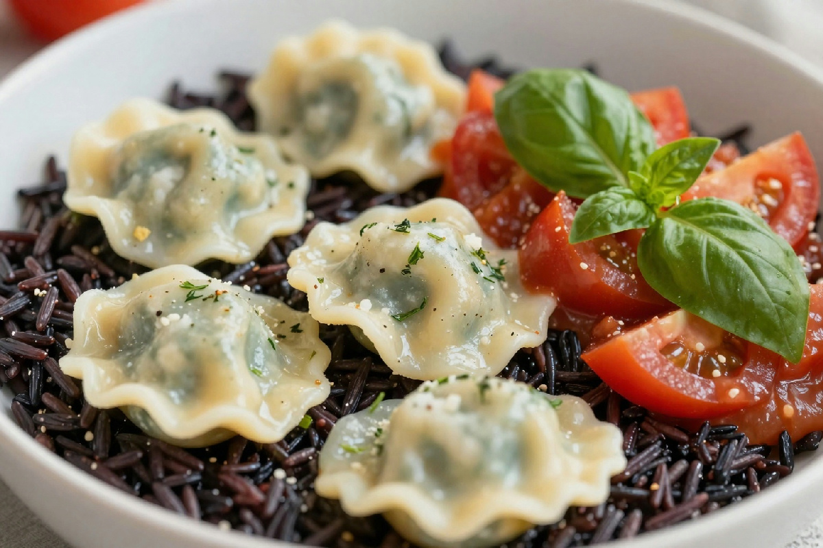 Riso venere con tortelli di caprino alle erbe e salsa di pomodoro fresco e basilico